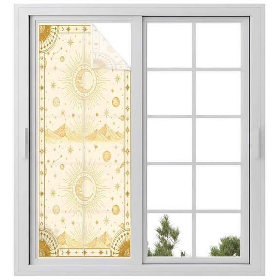 Mystical Sky Window Privacy Film 23.6x 59in Fantasy Khaki Horizon Sun Moon Face Stars Mountain Decorative Window Film with Static Cling, UV Filtering Window Cling Privacy Film for Glass Doors