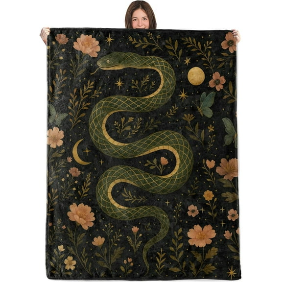 Mystical Snake Blanket,50x60in,Cozy Flannel Throw with Elegant Green Serpent Floral Moon Star Butterfly Design,Soft Lightweight Gifts Blankets for Adults,Sofa Bed Travel Gothic Witchy Decor