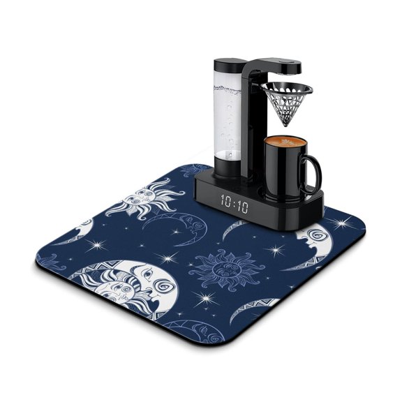 Mystical Solar Dish Drying Mat, Leak-Proof Absorbent Coffee Bar Mat with Ethereal Constellation & Astronomical Patterns, Non-Slip Kitchen Counter Mat