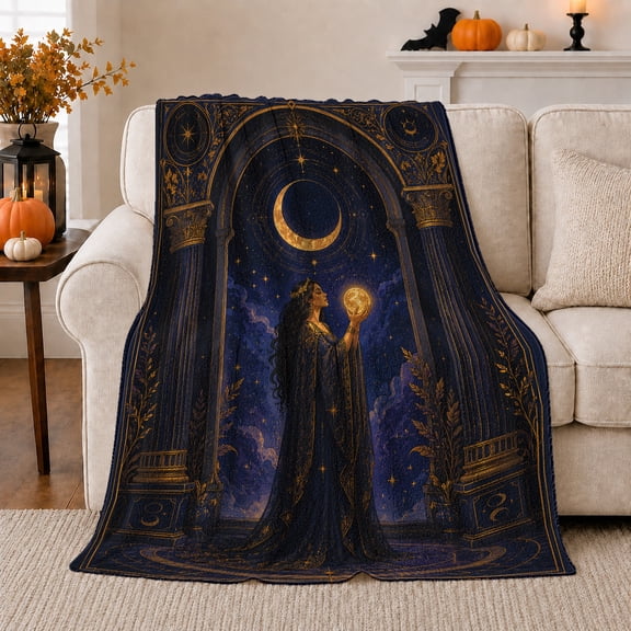 Mystical Sorceress Under Crescent Moon, Mystical Celestial Art Scene, Warm Flannel Blanket for Home Library and Reading Nook, Celestial Art Lovers Housewarming Gift, Fantasy Home Decor