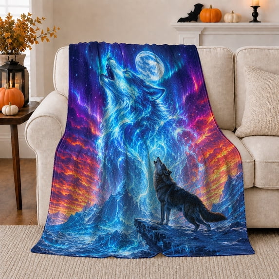 Mystical Spirit Wolf Howling At Moon Cosmic Nebula, Mystical Celestial Art Scene, Warm Flannel Blanket for Cabin and Lodge, Wildlife Lovers Housewarming Gift, Fantasy Home Decor