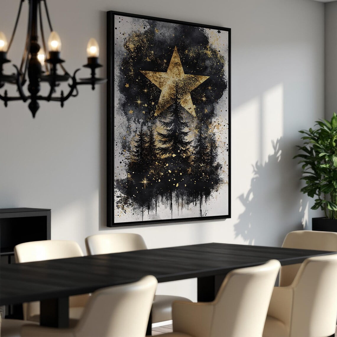 Mystical Starry Night Poster, Black And Gold Celestial, Abstract Tree ...