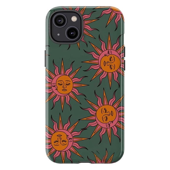 Mystical Sun Faces iPhone Case – Retro Celestial Pattern in Pink & Orange on Green, Boho Cosmic Vibes Phone Cover for iPhone 16 15 14 13 12 11 Plus Pro Max Mini