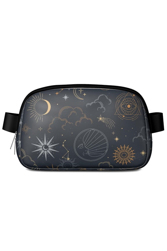 Mystical Sun & Moon Belt Bag – Celestial Astrology Fanny Pack with Golden Stars, Gothic Aesthetic Print, and Spiritual Night Vibe
