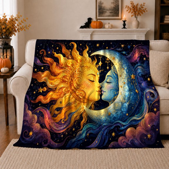 Mystical Sun Moon Celestial, Festive Holiday Scene, Warm Flannel Blanket for Living Room and Reading Nook with Detailed Artwork, Art Lovers person's Day Gift, Artistic Home Decor