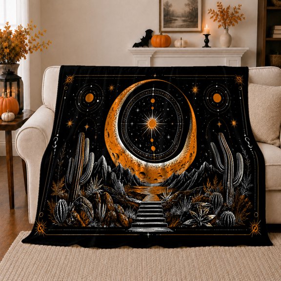 Mystical Sun Moon Celestial Scene Desert decorative motif Stars, Peaceful Mountain Lake Scene, Warm Flannel Blanket for Cabin and Lodge, Outdoor Lovers Camping Gift, Rustic Home Decor