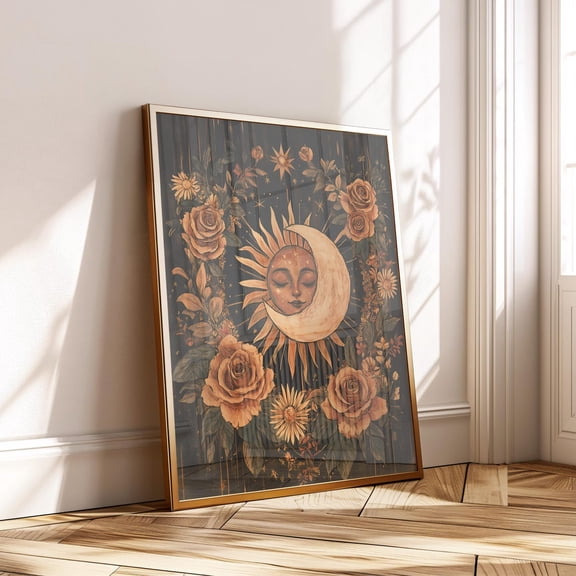 Mystical Sun Moon Face Boho Celestial Floral Vintage Star Decor, Unframed Paper Poster 8x10in