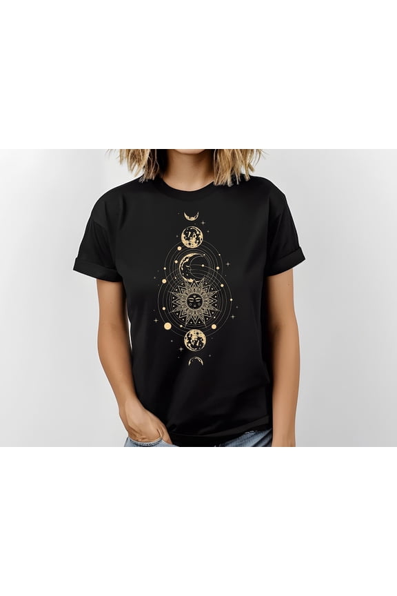 Mystical Sun Moon Phases Celestial Graphic T-Shirt, Golden Lunar Solar Astrology Art Tee Comfort Colors Unisex Cotton T-Shirt, Sizes S-3XL