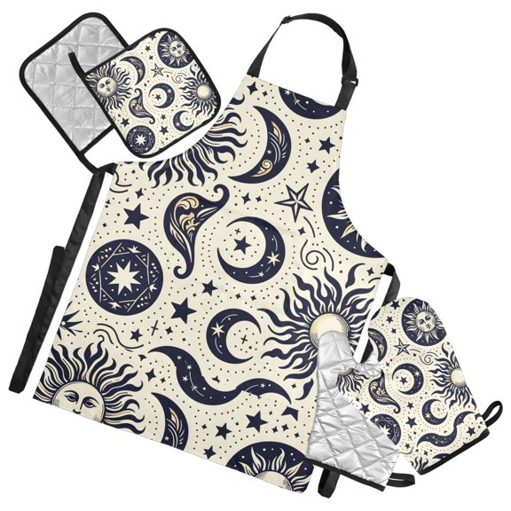 Mystical Sun Moon Star Zodiac 5 Pcs Kitchen Set Heat Resistant Oven Mitts and Non-Slip Pot Holders with Adjustable Cooking Apron