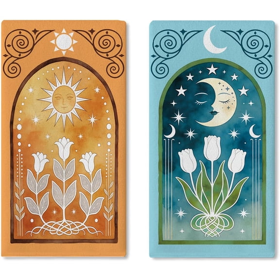 Mystical Sun Moon Tulip Floral Kitchen Dish Towels Set of 2, Celestial Astrology Tarot Card Divination Drying Hand Towel Baking Cooking Cloth, Boho Mysticism Bathroom Home Decoration 18''x26''