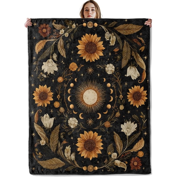 Mystical Sunflower Moon Blanket, Soft Cozy Lightweight Boho Celestial Sun and Moon Phases Throw Blanket for Women Girls Kids, Sofa Couch Bed 40x50 Inch Flannel Blankets for Travel Decor Gifts