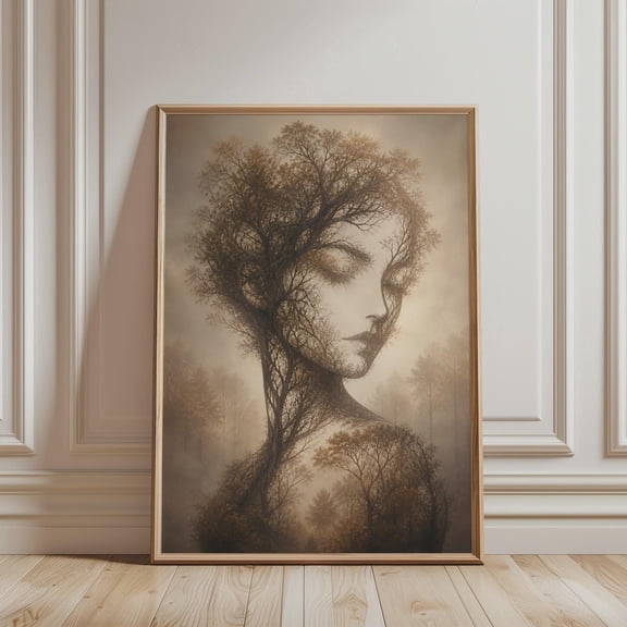 Mystical Surreal Tree Woman Dark Boho Art Beautiful Forest Face Mystic Nature Spiritual Home Decor, Unframed Canvas