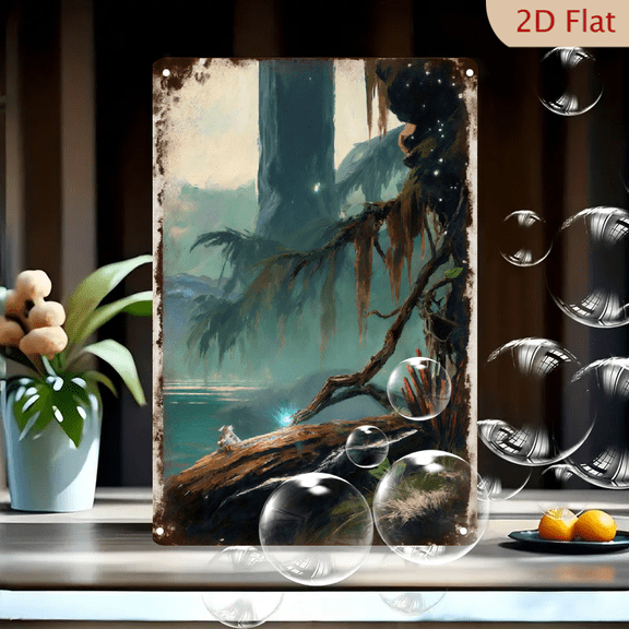 Mystical Swamp Forest Wall Art, 8x12 Inch Metal Print Featuring Wizard on Log, Glowing Orb, Gnarled Trees & Hazy Mountains, Painterly Style with Burnt-Edge Border for Living Room or Office Decor