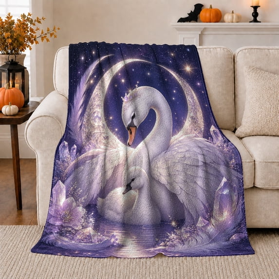 Mystical Swan Crown Under Starry Night Sky, Mystical Bird Art Scene, Warm Flannel Blanket for Living Room and Reading Nook, Bird Lovers Valentine's Day Gift, Artistic Home Decor