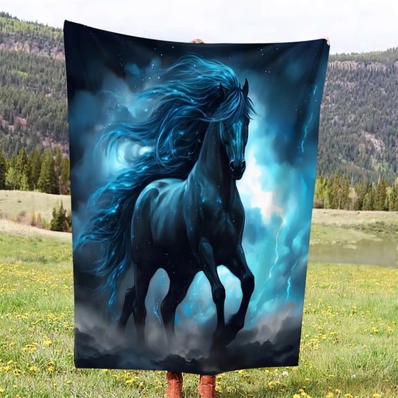 Mystical Thundering Stallion Printed Soft Flannel Fleece Throw Blanket - Throws - Ultra Cozy, Warm, Machine Washable, Lodge Style Polyester Bedding for Sofa