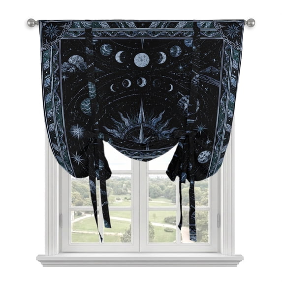 Mystical Tie Up Curtains for Windows, Balloon Window Shades, Navy Blue Black Abstract Astronomy Astrological Kitchen Window Treatments Roll Up Curtain for Basement/Nursery 52"x45"