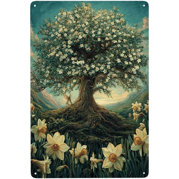 Mystical Tree Amidst Daffodil Field At Dawn Metal Tin Sign 8x12 Inch, Exquisite Rustic Wall Art Decor