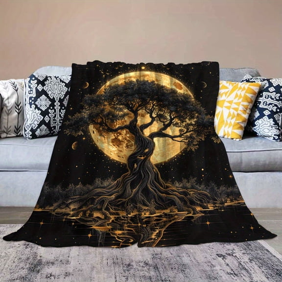Mystical Tree of Life Throw Blanket - Soft Flannel Full Moon Stars Sofa Bedspread, Heavyweight 280GSM Luxury All-Season Blanket in Black Gold , Fantasy  Decor Gift