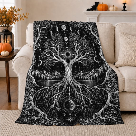 Mystical Tree Of Life decorative theme Art, Peaceful Mountain Lake Scene, Warm Flannel Blanket for Cabin and Lodge with Detailed Artwork, Outdoor Lovers Camping Gift, Rustic Home Decor