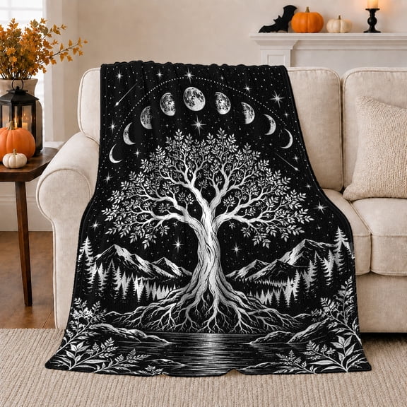 Mystical Tree Of Life decorative theme Celestial Art, Peaceful Mountain Lake Scene, Warm Flannel Blanket for Cabin and Lodge, Outdoor Lovers autumn celebration Gift, Festive Home Decor