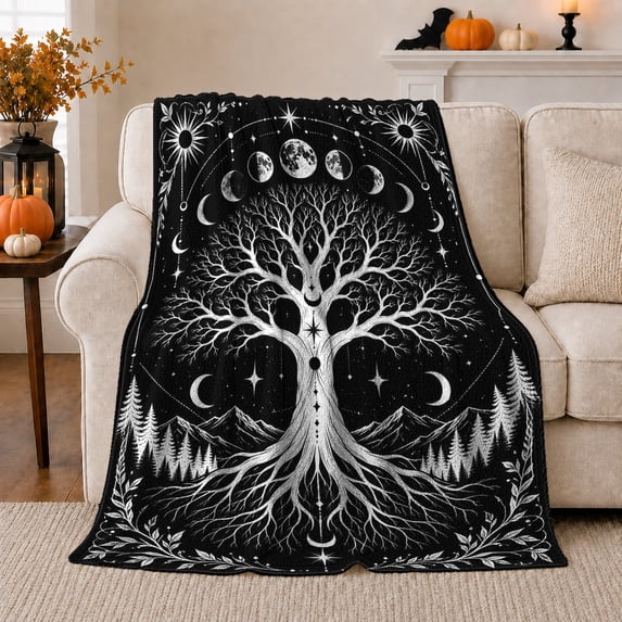 Mystical Tree Of Life decorative theme Illustration decorative motif, Warm Flannel Blanket for Cabin and Lodge, Peaceful Mountain Lake Scene, Outdoor Lovers autumn celebration Gift