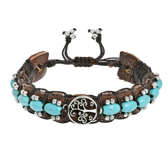Mystical Tree of Life Symbol w/ Turquoise Stones Leather Cuff Bracelet
