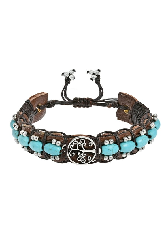 Mystical Tree of Life Symbol w/ Turquoise Stones Leather Cuff Bracelet