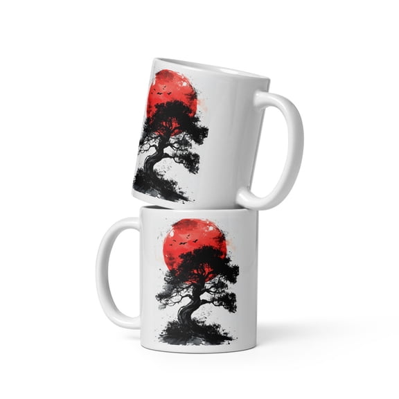 Mystical Tree with Red Moon Japanese-Inspired Ceramic Mug