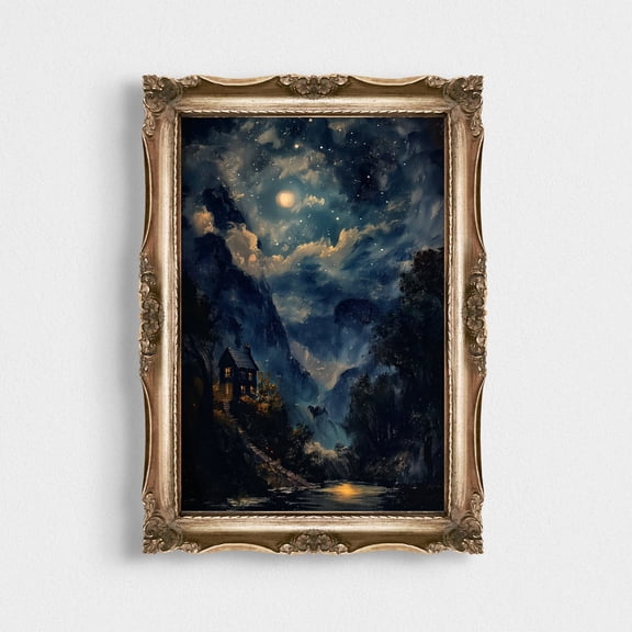 Mystical Twilight Woods, Moody Dark Academia Aesthetic Starry Poster, Blue Landscape Night Sky, Vintage Moon Dark Cottagecore Art, 12x18 UNFRAMED