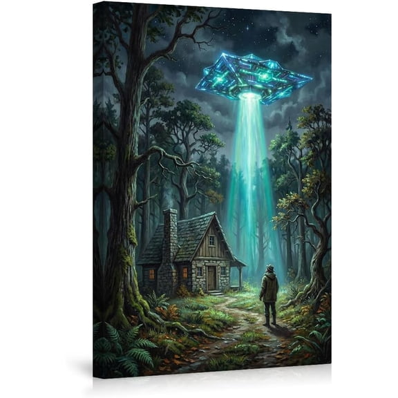 Mystical UFO Over Forest Cabin Wall Art Canvas Prints,Alien Encounter Night Scene Poster Decor for Bedroom Living Room--Un