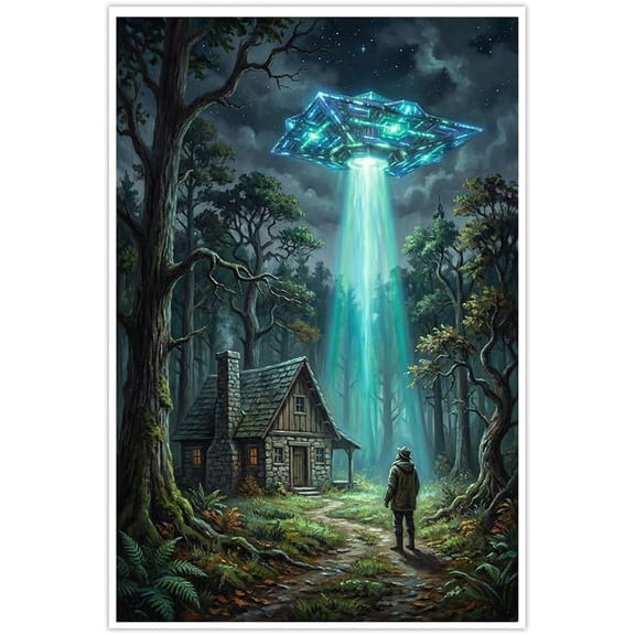 Mystical UFO Over Forest Cabin Wall Art Canvas Prints,Alien Encounter Night Scene Poster Decor for Bedroom Living Room--Un