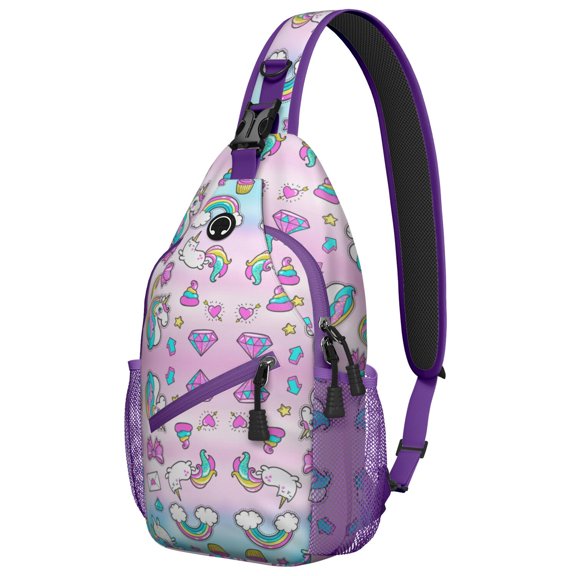 Mystical Unicorn and Rainbow Sling Backpack for Women, Cute Fantasy Animal Crossbody Bag with Galaxy, Moon, and Stars Pattern