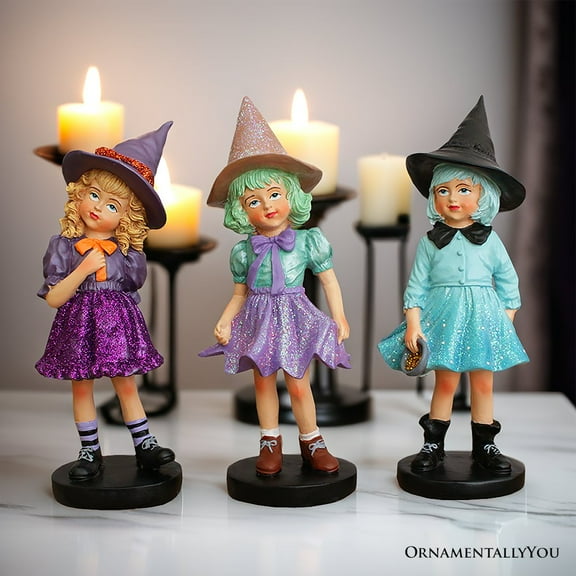 Mystical Victorian Witch Sisters Set of Three Figurines, Enchanted 6" Statues for a Bewitching Halloween Tabletop Display