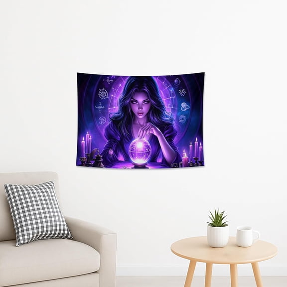 Mystical Violet Astrology Tapestry, Fortune Teller Crystal Ball Wall Hanging, Celestial Bohemian Decorative Piece for Bedroom, Living Room, Home, Festival, Occasional Use 40x30 Inch