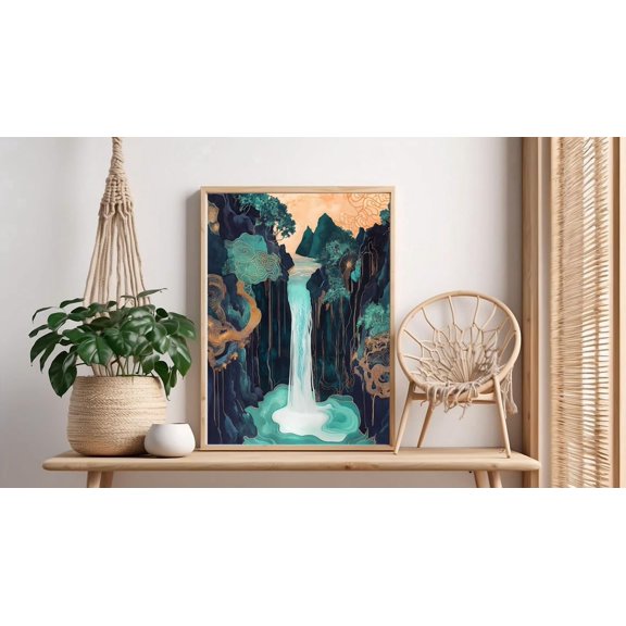 Mystical Waterfall Asian Gold Landscape Wall Art Decor Unframed Paper Print