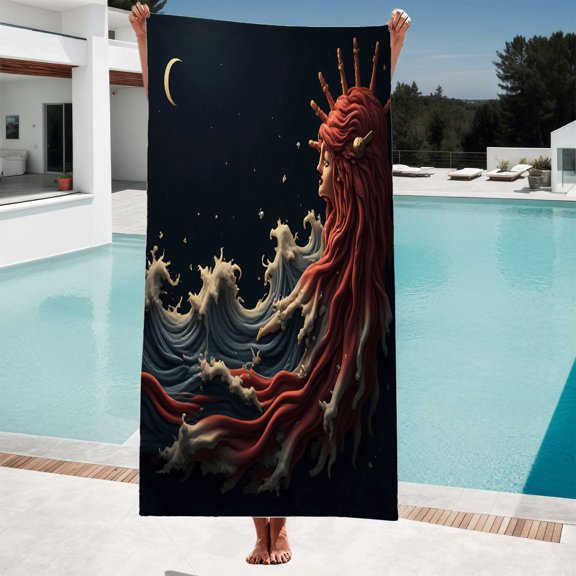 Mystical Waves Beach Towel - Ethereal Fantasy Design with Flowing Red Hair & Starry Sky Perfect for Pool Travel & Bath