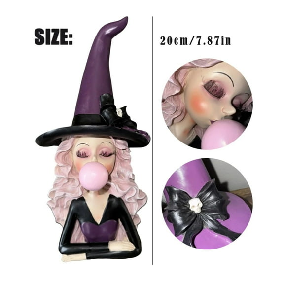 Mystical Whimsical Witch Blowing Gum Halloween Decor - Resin Witch Figurine with Bow, Unique Witchcraft Collectible for Home Shelves/Tables, Family-Friendly Quirky Decoration