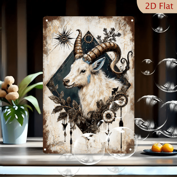 Mystical White Goat Ram Head Art, Vintage Tarot Style Wall Decor, Alchemy Clockwork & Starburst Symbols, Earth Tones, 8x12 Inches Metal Tin Sign