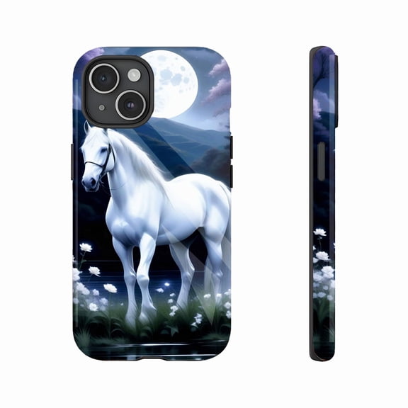 Mystical White Horse Moonlight Nature Scene iPhone Case, Artistic Fantasy Design for iPhone 11/12/13/14/15/16 (Pro Max/Plus) Lovers & Enchanting Night Aesthetic Fans