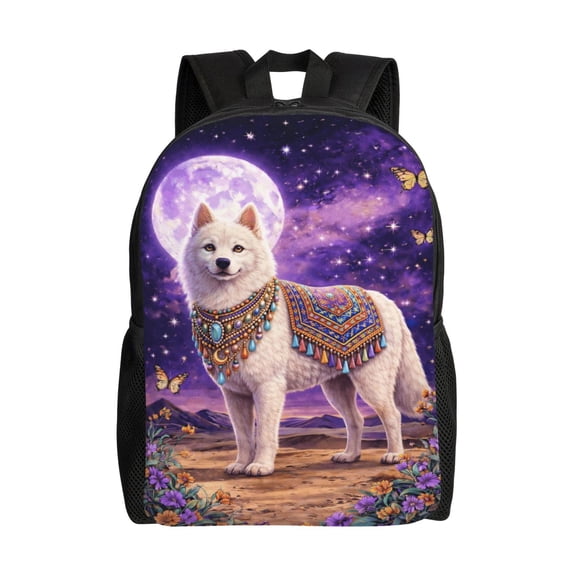Mystical White Wolf Backpack Full Front Print Travel Laptop Bag for Men and Women