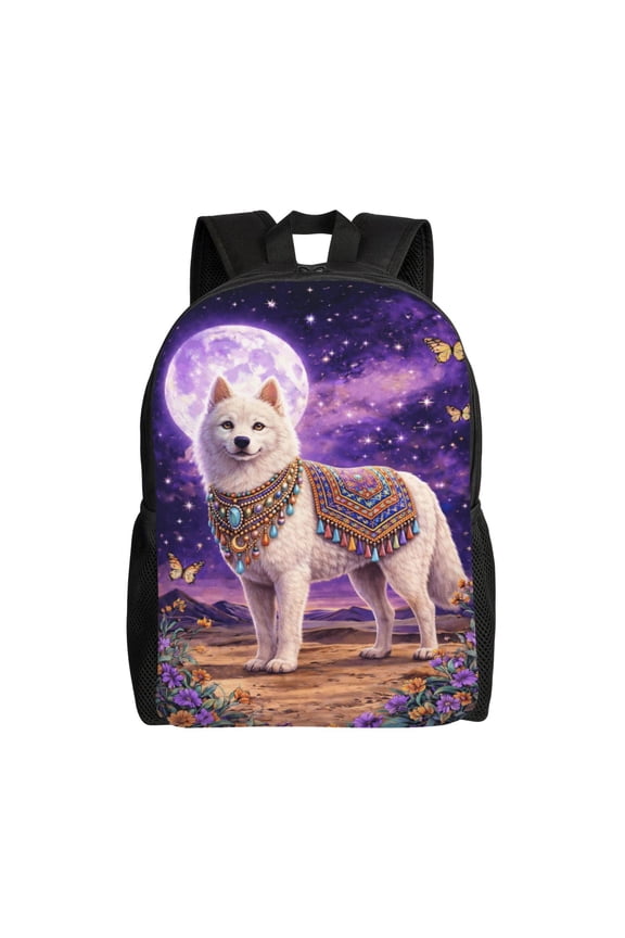 Mystical White Wolf Backpack Full Front Print Travel Laptop Bag for Men and Women