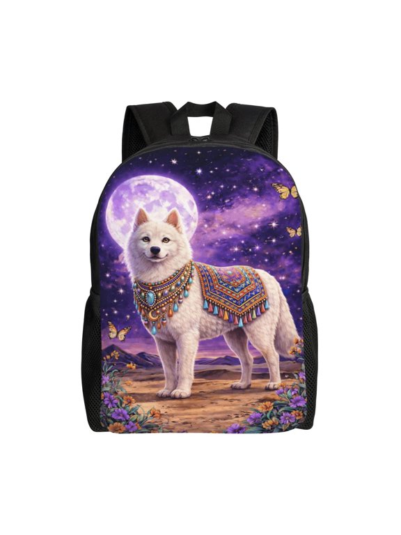 Mystical White Wolf Backpack Full Front Print Travel Laptop Bag for Men and Women
