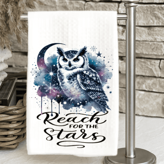 Mystical Wildlife Owl Dish Towel Cosmic Kitchen Dcor 16x24 Absorbent Waffle Weave