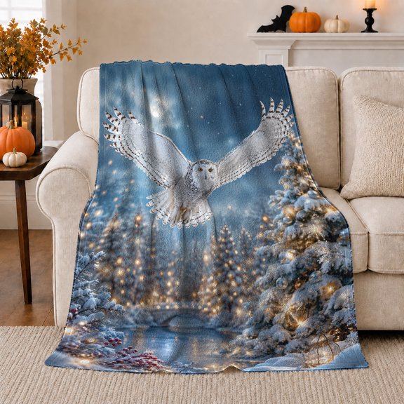 Mystical Winter Owl Snowy Forest Soaring Through Starlit, Festive Holiday Scene, Warm Flannel Blanket for Cabin and Lodge, Art Lovers Christmas Gift, Festive Home Decor