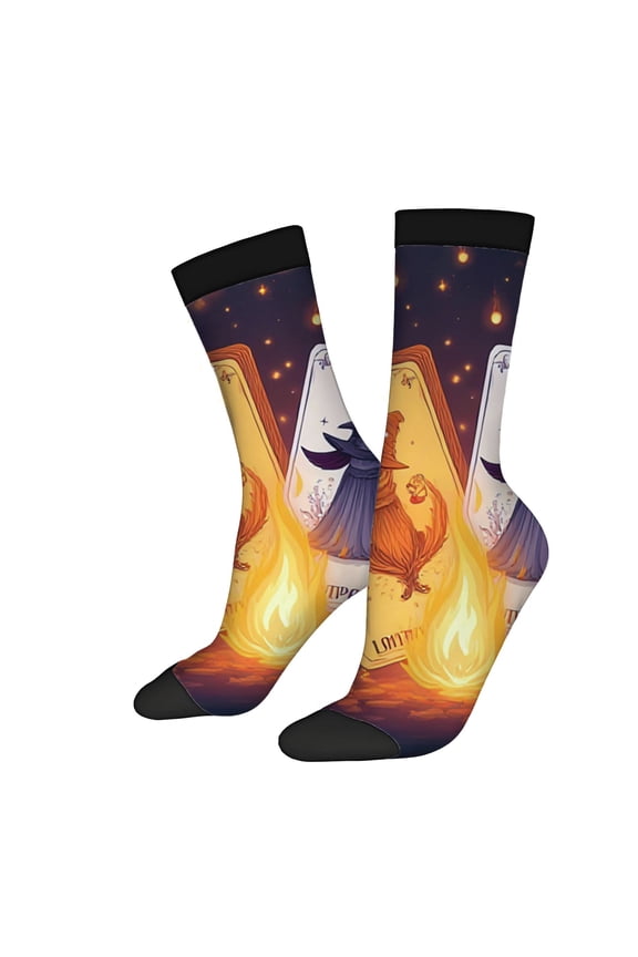 Mystical Witch & Fire Design Socks - 2 Pairs of Unisex Trendy Socks with Vibrant Colors for All Seasons - Comfortable & Stylish