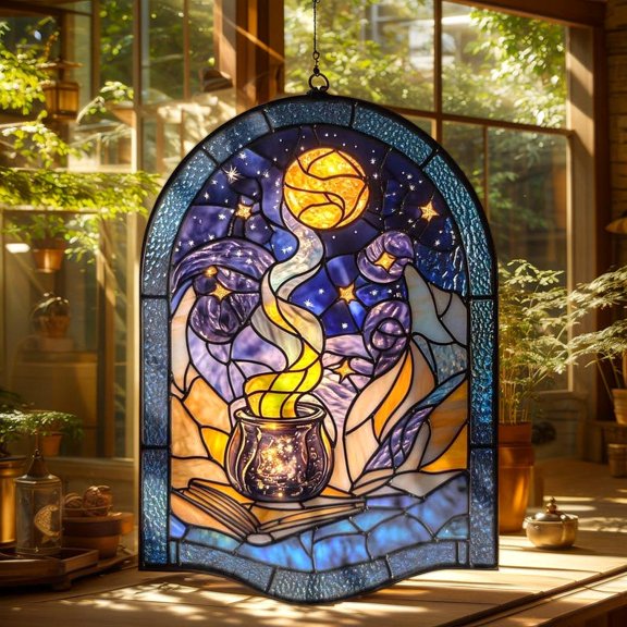 Mystical Witch Potion Faux Stained Glass Suncatcher - Moon Acrylic Halloween Window Hanging, Boho Magic Decor Gift For Fantasy Lovers
