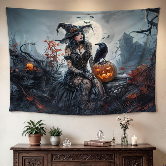 Mystical Witch Pumpkin Raven Moon Wall tapestry,Large size Printed Horizontal Tapestry blanket,Polyester Fabric Wall Hanging for living room,bedroom,No Installation Required,Indoor,Outdoor,Gift for F