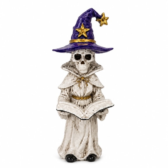 Mystical Witch Reading Spellbook Statue – Resin Figurine with Blue Starry Robe & Green Hair for Halloween Decor, Bookshelf & Home Display