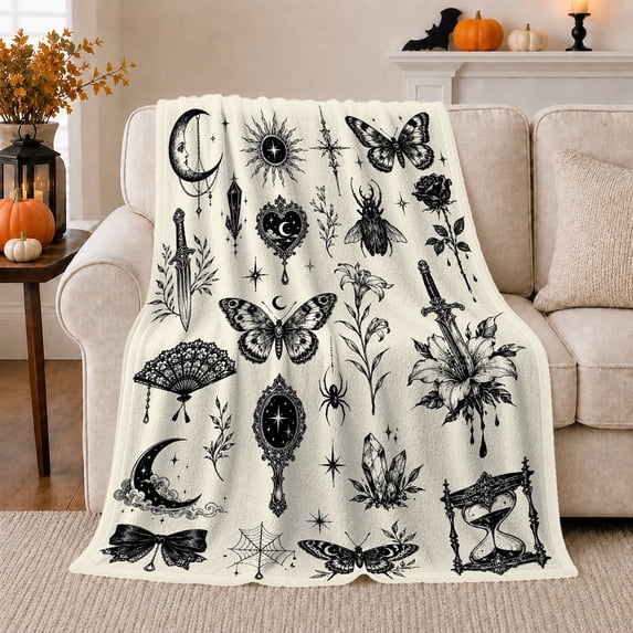 Mystical Witchy Celestial Illustrations Skulls, Cozy Botanical Garden Scene, Warm Flannel Blanket for Sunroom and Reading Nook, Garden Lovers Housewarming Gift, Botanical Home Decor