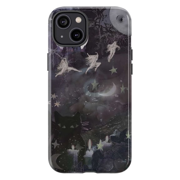 Mystical Witchy Phone Case, Black Cat & Moonlit Fairies Design iPhone Cover, Dark Fantasy Vibes for iPhone 16 15 14 13 12 11 Pro Max Plus Mini